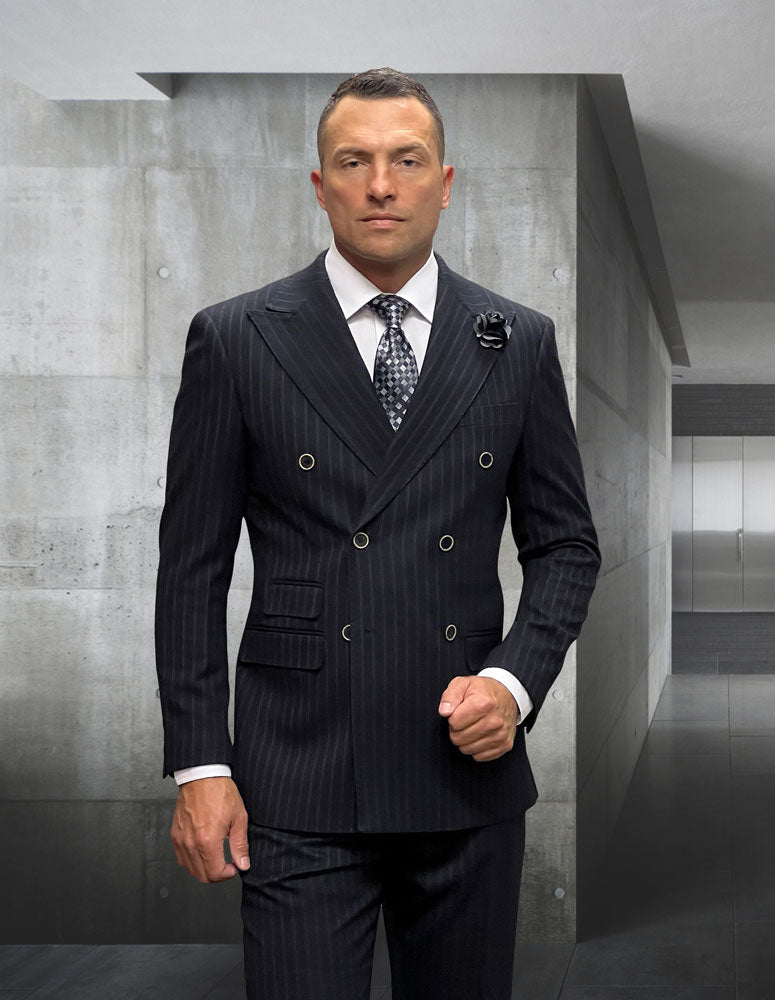 Executive Pinstripe Double-Breasted Suit – Super 200’s Wool & Cashmere Blend