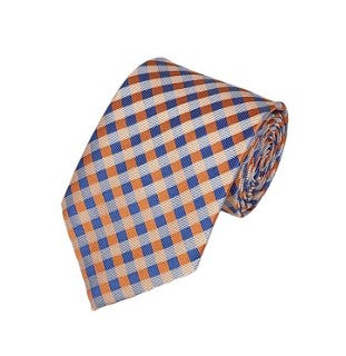 Orange and Steel Blue Checkered Woven Necktie – 100% Microfiber, 3.25” Width