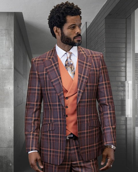 Men’s 3-Piece Copper Plaid Suit – Italian Super 180’s Wool | Double-Breasted Vest, Modern Fit, Flat Front Pants